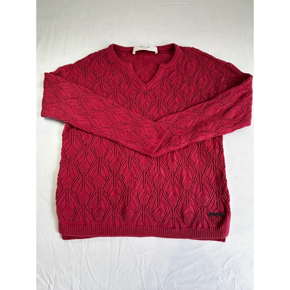 Peace‎ Love World Red Boheme Collection Pointelle Knit Notched V-Neck Sweater S